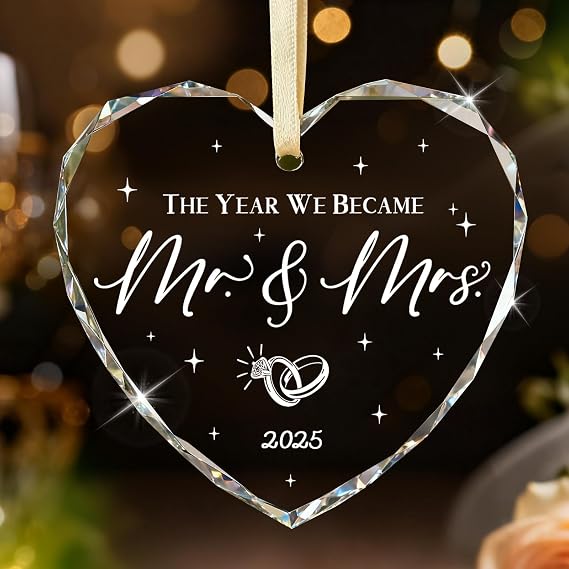Emibele Wedding Gifts for Couples, Crystal Glass Bridal Shower Gifts for Bride, Wedding Present for Newlyweds, The Year We Became Mr and Mrs Ornaments, Newlyweds Christmas Married Ornament 2025