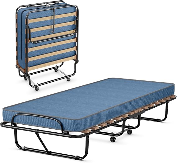Giantex Folding Bed with 3 Memory Foam Mattress, Rolling Foldaway Guest Bed, Sturdy Metal Frame, Easy to Store Blue