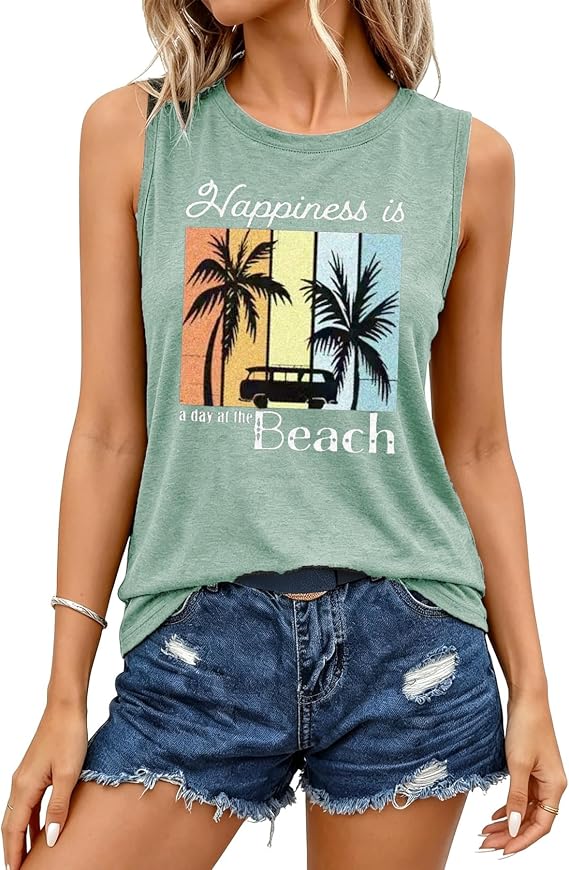 Hawaiian Beach Tank top for Women Summer Palm Tree Graphic Vacation Tops