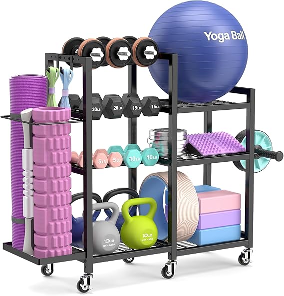 ikkle Home Gym Storage Rack with Wheels, 7-Tier Adjustable Dumbbell Weight Rack, Heavy Duty Weight Storage Stand, Gym Equipment Organizer for Dumbbells, Kettlebells, Yoga Mat, Workout Equipment, Black