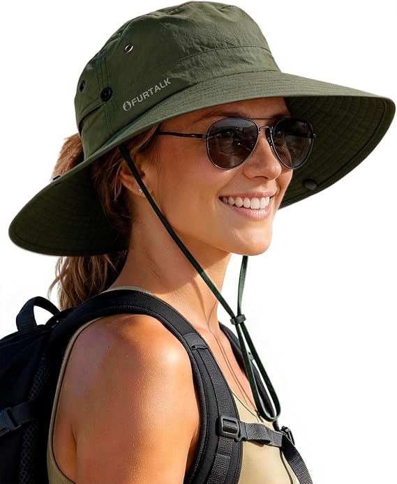 FURTALK Sun Hats for Women Wide Brim Bucket Hat Ponytail Hole Outdoor UPF | Lightweight Nylon, Quick-Dry & Waterproof, Folds to Small Pouch, Adjustable Chin Strap