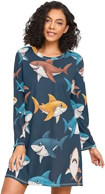 Nightgowns for Women, Casual Pajama Nightdress, Long Sleeve Night Shirts for Woman, Sharks Blue