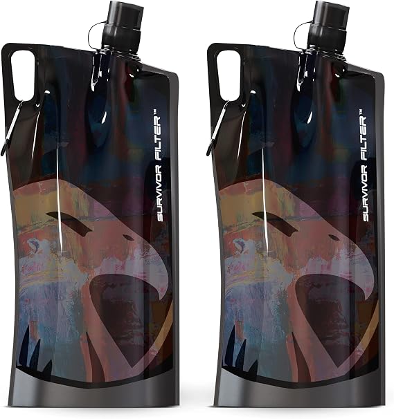 Survivor Filter Clear Collapsible Water Bottles - Travel, Hiking, Foldable, BPA-Free - 2 x