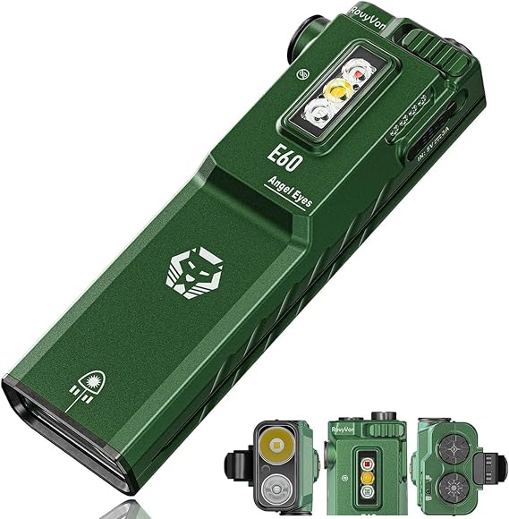 RovyVon E60 3-in-1 Rechargeable EDC Flashlight with White/UV/Red Sidelights | 1500 Lumens White Light, Green Beam(<5mW), 3W UV Light Front Combo, Slim Flat Flashlight for Outdoor, Camping, Emergencies