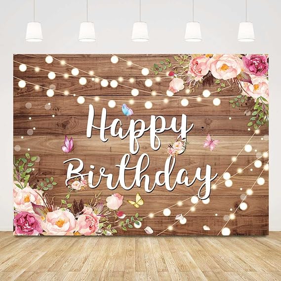 Sensfun Pink Floral Happy Birthday Backdrop for Women Butterfly Rustic Wood Birthday Photography Background Watercolor Flower Adult Girl Sweet Bday Party Decorations Cake Table Photo Banner (7x5ft)