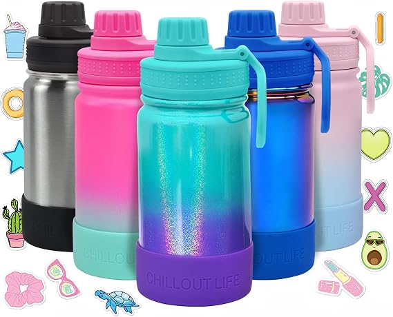 CHILLOUT LIFE 12oz Kids Insulated Stainless Steel Water Bottle with Leak Proof Spout Lid & 144 Stickers