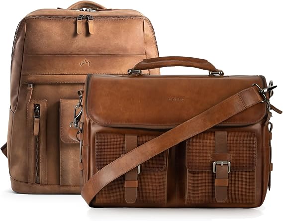 VELEZ Tan Full Grain Leather Messenger Bag + Top Grain Leather Backpack For Men
