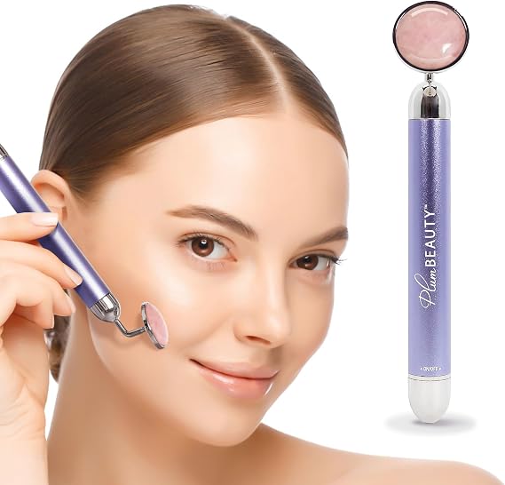 Plum Beauty Rose Quartz Face Massager Tool, Electric Face Roller and Vibrating Facial Massager for Toning, Lifting, Skincare Facial Roller Vibration Tool for Daily Beauty Routine