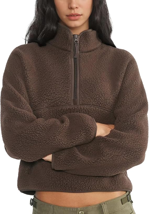 Fleece Sweatshirts for Women Cropped Long Sleeve Half Zip Pullover Sherpa Jacket Warm Fuzzy Coats with Pockets(Brown,XS)
