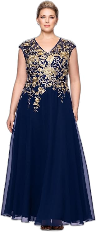 Betsy & Adam Women's Floor-Length Chiffon Gown, Short Sleeve, Embroidered, with A-Line Silhouette, Navy/Gold, 18W