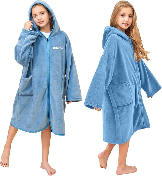 Hiturbo Kids Bath Towel Hoodie: Soft Plush Zipper Surf Poncho | Hooded Towel Poncho | Fleece Changing Towel Robe | Zip Up Pool Beach Cover Up | Boys Girls Swim Parka