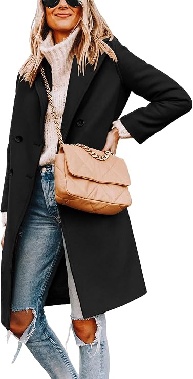 Women's Notch Lapel Double Breasted Mid Long Pea Coat