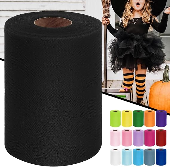 Black Tulle Fabric Roll 6" X 100 Yards | Tulle Ribbon for Gift Wrapping, Tutu, Chair Bows, Table Skirts, Halloween Backdrop, Baby Shower Decor, Craft Supplies