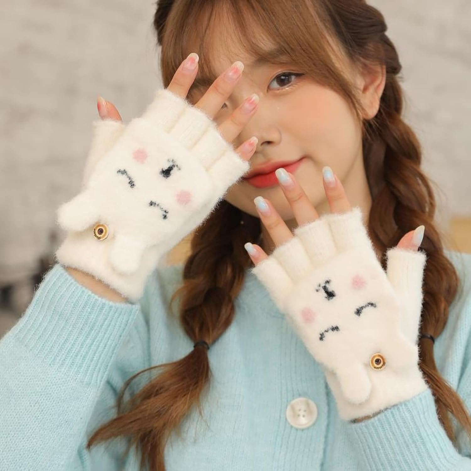 Flip Top Knitted Gloves, Knitted Fingerless Flip Gloves Winter Warm Flexible Gloves for Men Women Exposed Finger Mittens Skiing Gloves Cycling Color : Black