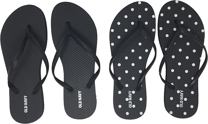 Old Navy Women's Beach Summer Casual Slippers, Black Bottom & Black Flip Flops (2-pair) With Peekaboo Dust Cover, 8