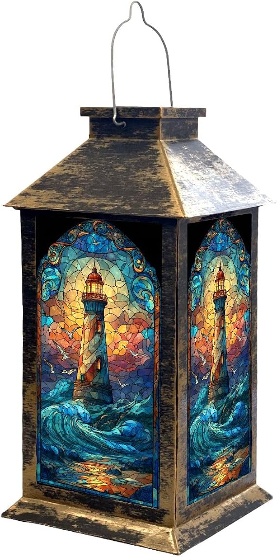 Solar Lights Outdoor Art Nouveau Stained Glass Lighthouse Seashells Ocean Waves Garden Hanging Solar Powered Lantern Waterproof Camping Tents Lantern for Patio Deck 1 Pack