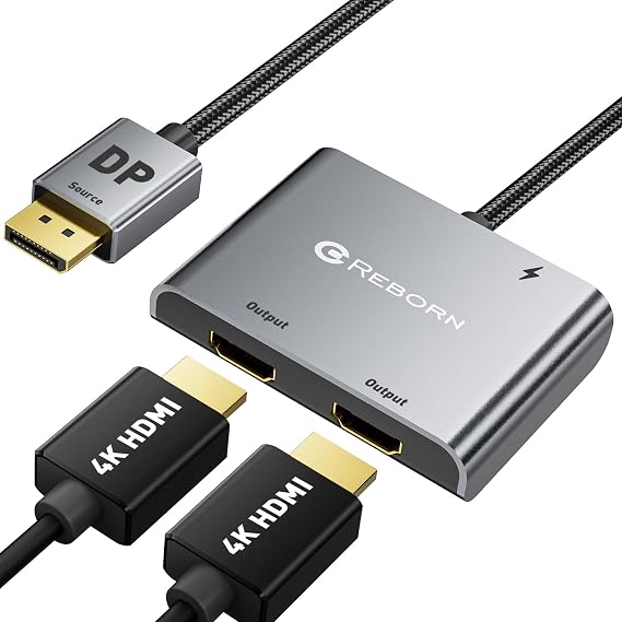 Reborn DisplayPort to Dual HDMI Adapter 4K@60Hz Display Port to HDMI 1 in 2 Out Splitter for Dual Monitor Extended Display, DP Source Adapter with PC, Graphics Card, HP and More