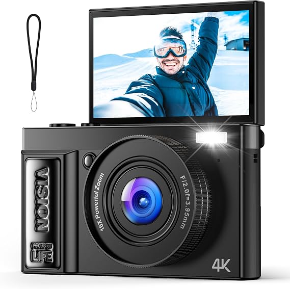 Digital Camera 4K for Photography Vlogging: 64MP Cameras for Video - 16X Zoom Photo Camera Gifts for Teens Ages 8-18 - 180°Flip Screen Compact Cámara - Point and Shoot Digital Cameras for Youtube