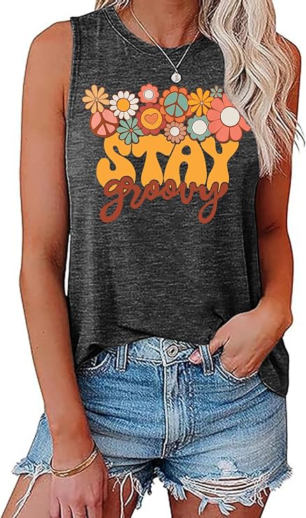 Retro Stay Groovy Tank Top Women Floral Graphic Tee Hippie Vintage 70s Disco Peace Casual Sleeveless Top