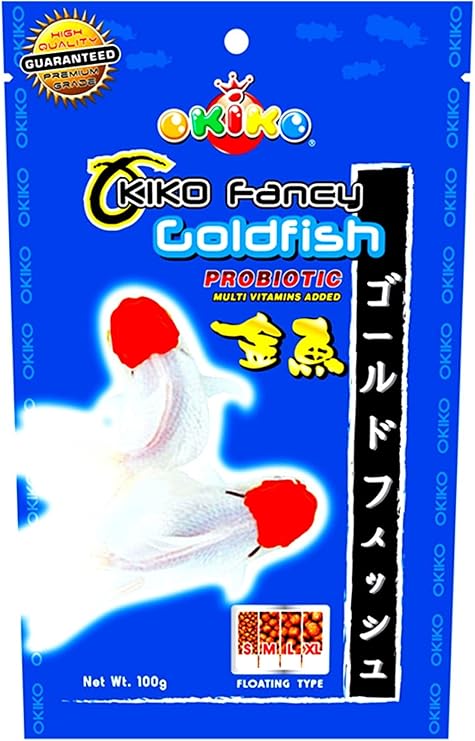 OKIKO 100 g. Fancy Goldfish Food Color Enhancing Vitality & Tropical Fish Feed Floating Pellet 1.5 mm, Growth Fast Energy Healthy Nutrition, Highly Digestible, Clear Water, Probiotics Multi Vitamins