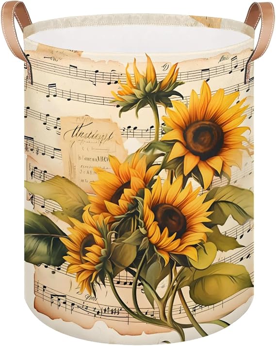Sunflower Music Laundry Basket Collapsible Dirty Clothes Laundry Hamper Canvas Waterproof Storage Baskets Baby Toys Organizer Bin Kids Nursery Hamper for Bathroom Bedroom