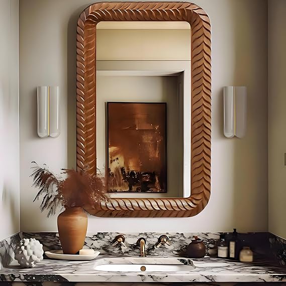 LTSRLL 24x35 Large Wall Mirror Solid for Bathroom Dressing Table, Wood Frame with Braided Detail, Horizontally/Vertically Hanging Or Against Wall(Black)