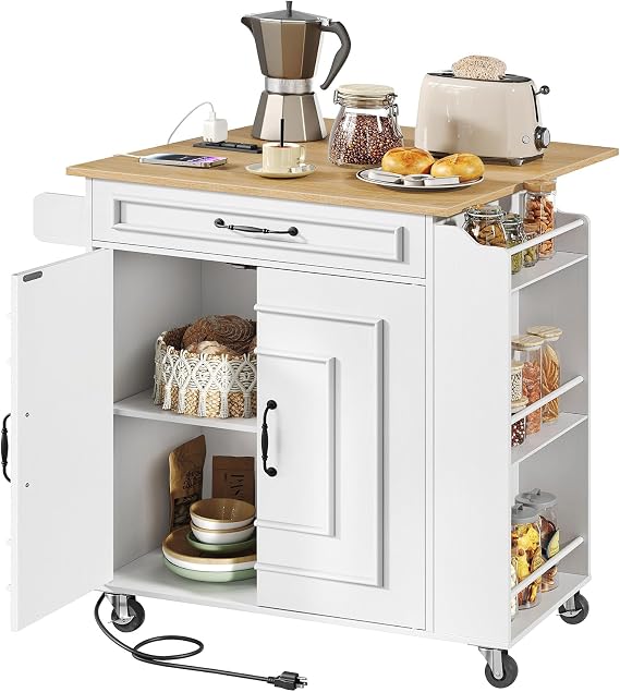 RALGEND Kitchen Island with Power Outlets & Drop Leaf, Rolling Kitchen Cart on Wheels, Kitchen Storage Island with Spice Rack and Drawer, Mobile Island Table for Kitchen, Dinning, White and Natural