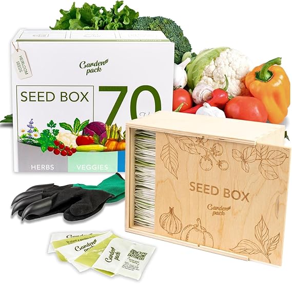 Garden Pack Grow Your Own Seed Box - 70 Varieties of Flower, Herb, Vegetable Seeds - Gardening Gifts for Women and Men
