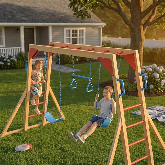 EROMMY Wooden Swing Sets for Backyard with Monkey Bar, Outdoor Playset for Kids with Trapeze Swing Bar and 2 Belt Swings, Heavy Duty Playground Accessories