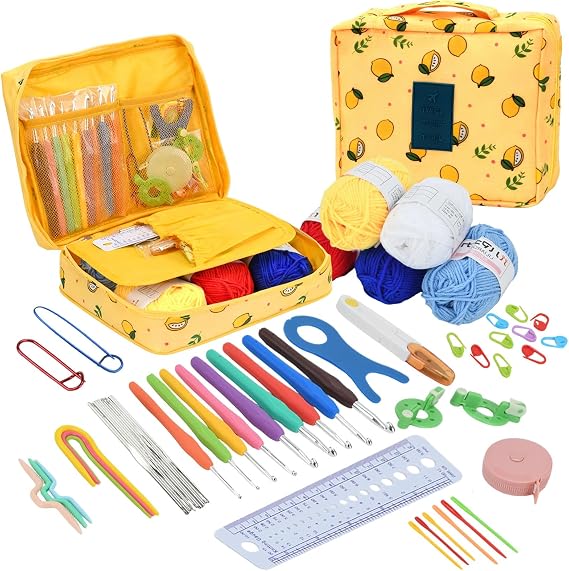 BJSSBJH Crochet Tools and Supplies Set, 57-Piece Crochet Hook Kit with Yarn and Accessories, Portable Craft Tool Kit for Adult Beginners and Experienced Crafters(A Style)