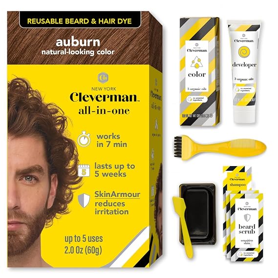 Reusable Hair & Beard Dye for Men Auburn 7.04 | Up to 5 Uses, 7 Minutes | Natural Gray Coverage, No-Drip Cream with SkinArmour Cleverman