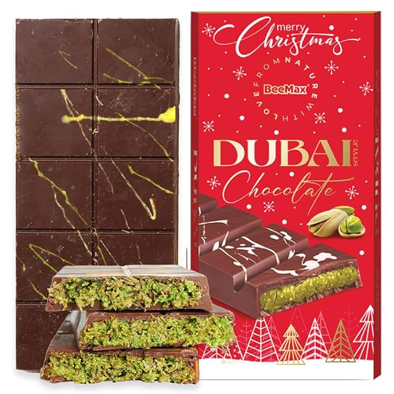 Beemax Limited Edition Christmas Dubai-Style Chocolate Bar (Red), 7 oz (Pack of 1) - Luxurious Middle Eastern Premium Milk Chocolate with Kadayif and Pistachios - Holiday Gift Edition - Imported from Turkey