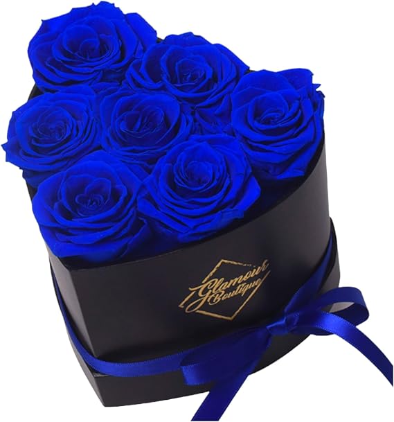 GLAMOUR BOUTIQUE 7 Flower Forever Heart Shape Box, Mothers Day Gift For Mom, Eternal Preserved Roses Gift for Her, Flowers bouquet, For Birthday, Anniversary, Girlfriend - Blue (Color-Treated)