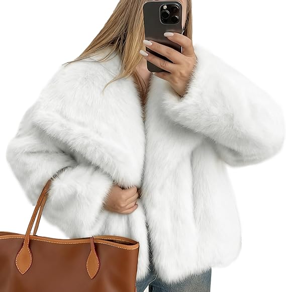 Flygo Women's Faux Fur Coat Fluffy Faux Fur Jacket Long Sleeve Lapel Furry Winter Jackets Shaggy Parka Short Coat
