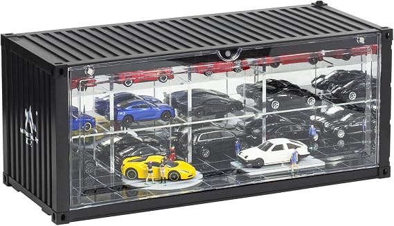 1/64 Scale Retro Container Style Display Case Car Garage Model | for Model Car Display and Storage with LED Light and Acrylic Cover 17 Parking black