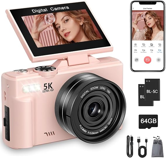 5K Digital Camera, 75MP WiFi Vlogging Camera with 180° Flip Screen, Autofocus, 18X Zoom, 64GB Card, 2 Batteries, Compact Point and Shoot Digital Cameras for Beginner Teens Student Kids Girls (Pink)