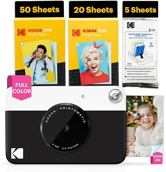 KODAK Printomatic Full-Color Instant Print Digital Camera - 75 Sheets Bundle - Zink 2x3" Sticky-Back Photo Paper - 5MP, Portable, Creative Fun Gift