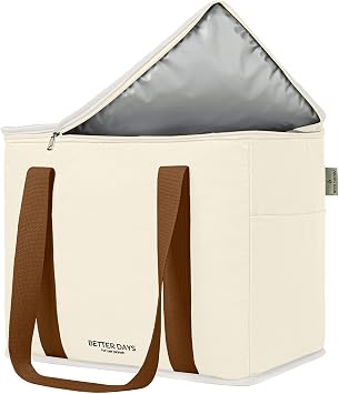 Reusable Insulated Grocery Bag - Canvas, Leak Proof, X Large Cooler Bag, Insulated Shopping Bags for Groceries, Travel Cooler Bag for Frozen and Hot Food with Zippered Top Cream Brown
