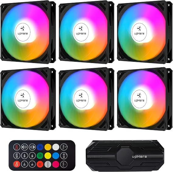 upHere 120mm Black Computer Case Fan,Motherboard Sync Fan,High Airflow,Speed Adjustable, ARGB Fan with Hub and Remote,Low Noise Hydraulic Bearing Long Life Up to 40,000 Hours-6 Pack,NK1206-6