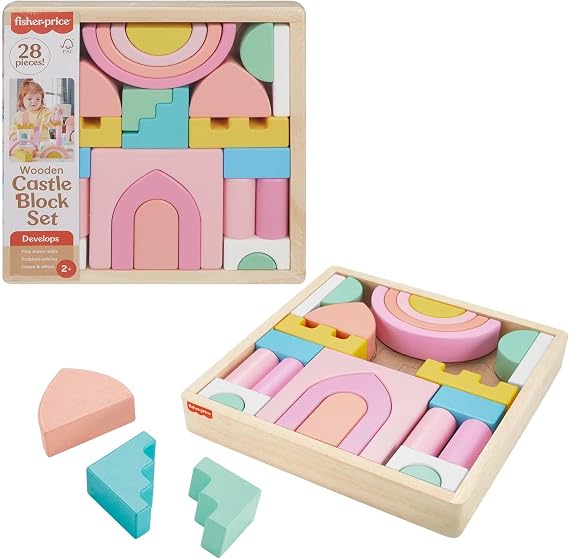Fisher-Price Wood Castle Block Set 28 Pieces, Ages 2+ | FSC-certified wood, non-toxic water-based paint, 1 playboard + 27 blocks, hand-eye coordination