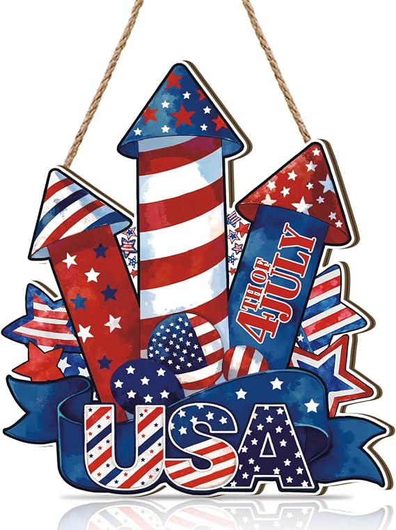 4th of July Door Sign,Independence Day Wall Decoration,Patriotic Door Decor,Fourth of July Decor,American Flag Rustic Red White Blue Wall Hanger,Rockets Sign Memorial Day for Home Yard Room Porch