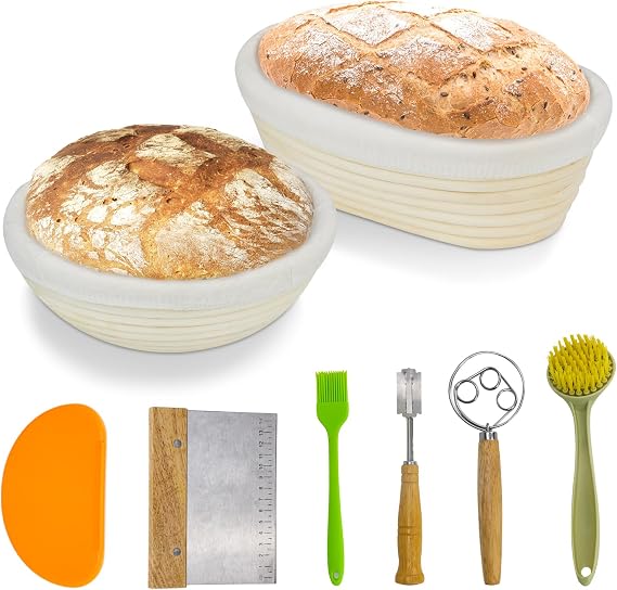 Sourdough Banneton Proofing Basket Set, Bread Making Kit with Lame & Whisk | Round and oval rattan banneton baskets with cloth liners.Includes bread lame, dough whisk, bench scraper and baking brush.