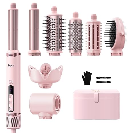 Tqcir 8 in 1 Hot Air Styler, Powerful Hair Dryer Brush with AutoWrap Curler | Anti-Frizz Blow Dryer for Fast Drying Curling Straightening Volumizing, Adjustable Heat & Speed, Storage Case, Pink+Rose Gold