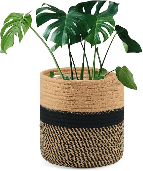 tenn well 20cm Plant Pot with Liner, Black and Brown Cotton Planter | Woven Storage Basket for Indoor Plants Flower Pot and Home Decoration