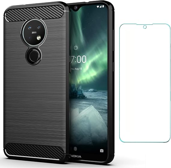 Asuwish Compatible with Nokia 6.2/7.2 Case and Tempered Glass Screen Protector Cover Cell Accessories Soft TPU Protective Slim Phone Cases for Phone Cases for Nokia6.2 Nokia7.2 Carbon Fiber Black