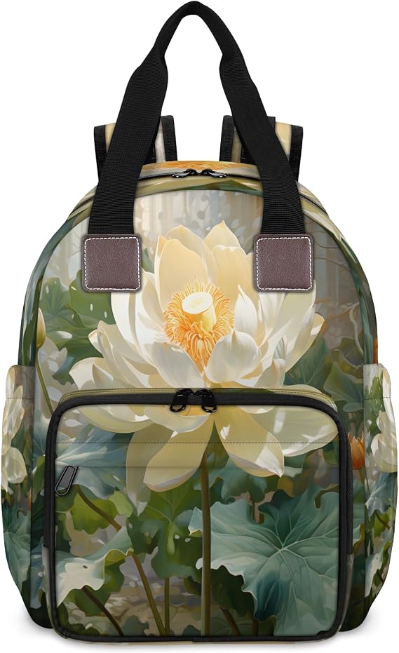 Lotus Diaper Bag Backpack for Women Waterproof Multi Function Travel Diaper Backpacks with USB Charging Port Anti Theft Bag, Water Lotus Flowers