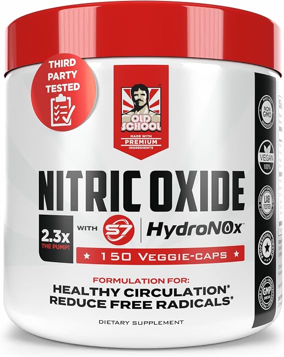 Old School Labs Nitric Oxide Booster for Circulation & Muscle Pump, 150Caps | Pre-Workout Supplement with HydroNOxTM Citrulline HCl & S7 Blend for Enhanced Blood Circulation, Muscle Pump & Endurance
