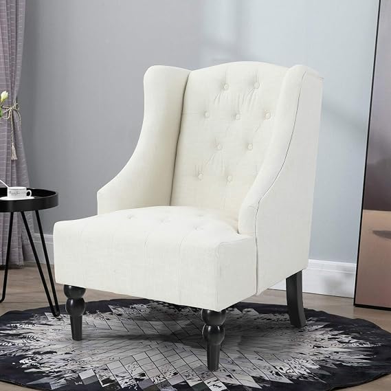 ALPHA HOME Accent Living Room Chair Wingback Armchair High Back Swoop Button-Tufted Club Reading Chair Mid-Century Retro Modern Home Theater Seating Linen Fabric Upholstered, Light Beige