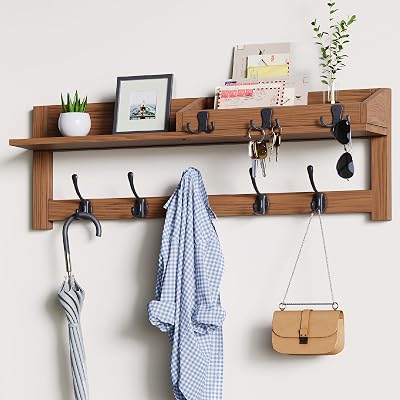 Coat Rack Wall Mount with Shelf, Wooden Entryway Wall Mounted Hanging Coat Hanger with 5 Hooks and 3 Key Hook for Bedroom, Wood 24 Inch Clothes Racks with Shelves, Key Holder, Mail Storage Organizer