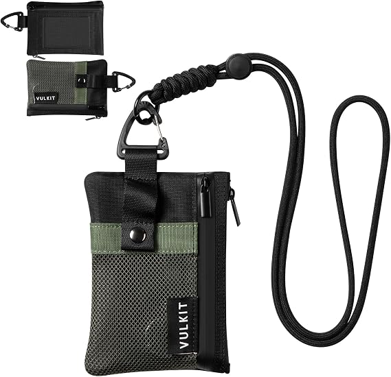 VULKIT Small Minimalist Wallet for Women and Men RFID Blocking, Zipper Coin Pouch with ID Window and Keychain, Water Resistant Travel Lanyard Wallet Army Green Black